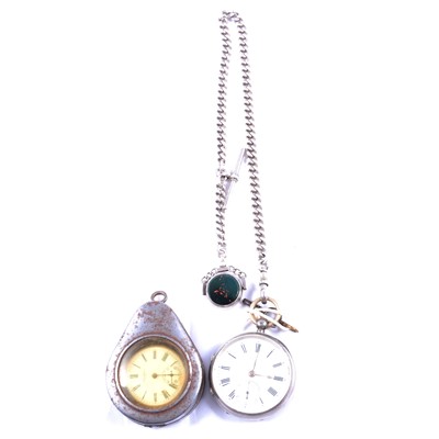 Lot 373 - A silver open face pocket watch and Albert watch chain, and a gold-plated pocket watch.