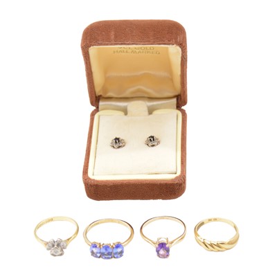 Lot 44 - Four rings, diamond, gold, amethyst, tanzanite, and sapphire and diamond earstuds.