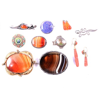 Lot 448 - Two banded agate brooches, micro mosaic, earrings.