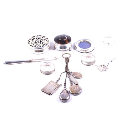 Lot 215 - Base metal chatelaine, silver ring boxes, etc.