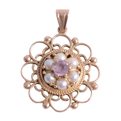 Lot 275 - A pale pink stone and cultured pearl floral design pendant.