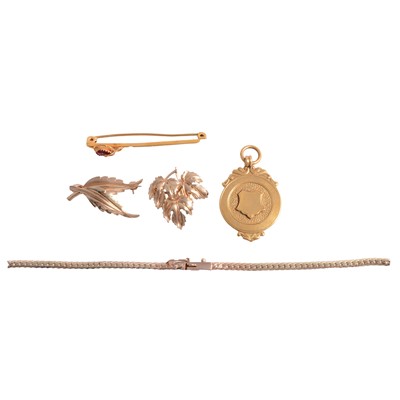 Lot 181 - Gemset bar brooch, 9 carat gold brooches, shield fob and bracelet.