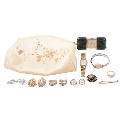 Lot 450 - Synthetic white stone ring, Swarovski pendant and chain, costume jewellery, wristwatches and clock.