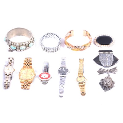 Lot 486 - A collection of costume jewellery hat pins, kilt pins, bangles, rings and vintage wristwatches.