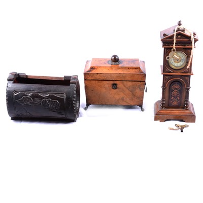 Lot 129 - Victorian walnut tea caddy, table clock and a Japanese carved bowl