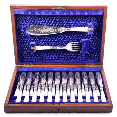 Lot 264 - Set of twelve Victorian silver plated fish knives and forks, with servers, cased