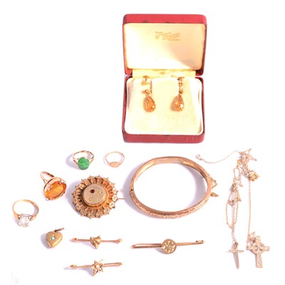 Lot 164 - Four rings, two crosses on chains, pair of citrine earrings, four brooches, and gold-plated jewellery.