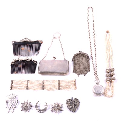 Lot 445 - Costume jewellery, silver sovereign case, purses, brooches, two hair combs.