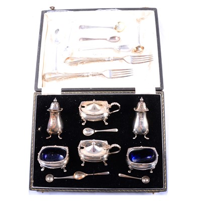 Lot 235 - Silver condiment set, various condiment spoons, and plated dessert cutlery