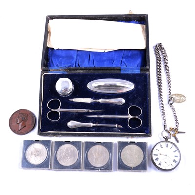 Lot 200A - Silver dressing table nail set, G& C Ltd, Birmingham 1925, silver pocket watch, medallion and coins.