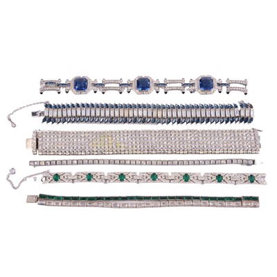 Lot 462 - Six Art Deco and later paste set panel and tennis bracelets.