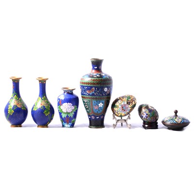 Lot 75 - A collection of Japanese cloisonne wares, vases, ashtray, lidded pots.