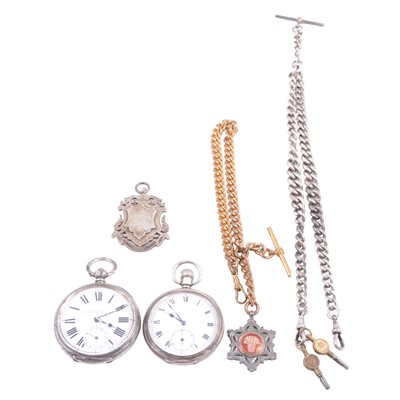 Lot 361 - Two silver open face pocket watches, silver Albert chain and medallions.