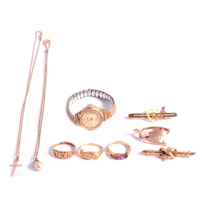 Lot 162 - Three gold rings, three brooches, pendant and chain, gold-plated lady's wristwatch and costume jewellery.