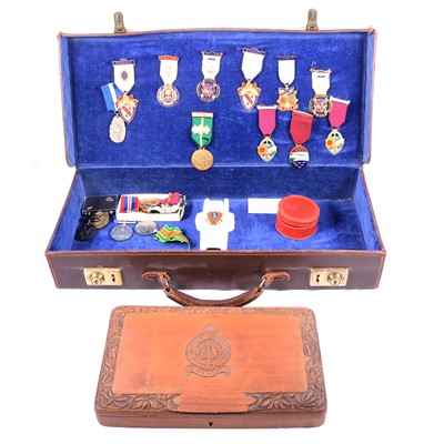 Lot 225 - Royal Masonic and military medals, Masonic case, carved wooden box and crested china tank model.