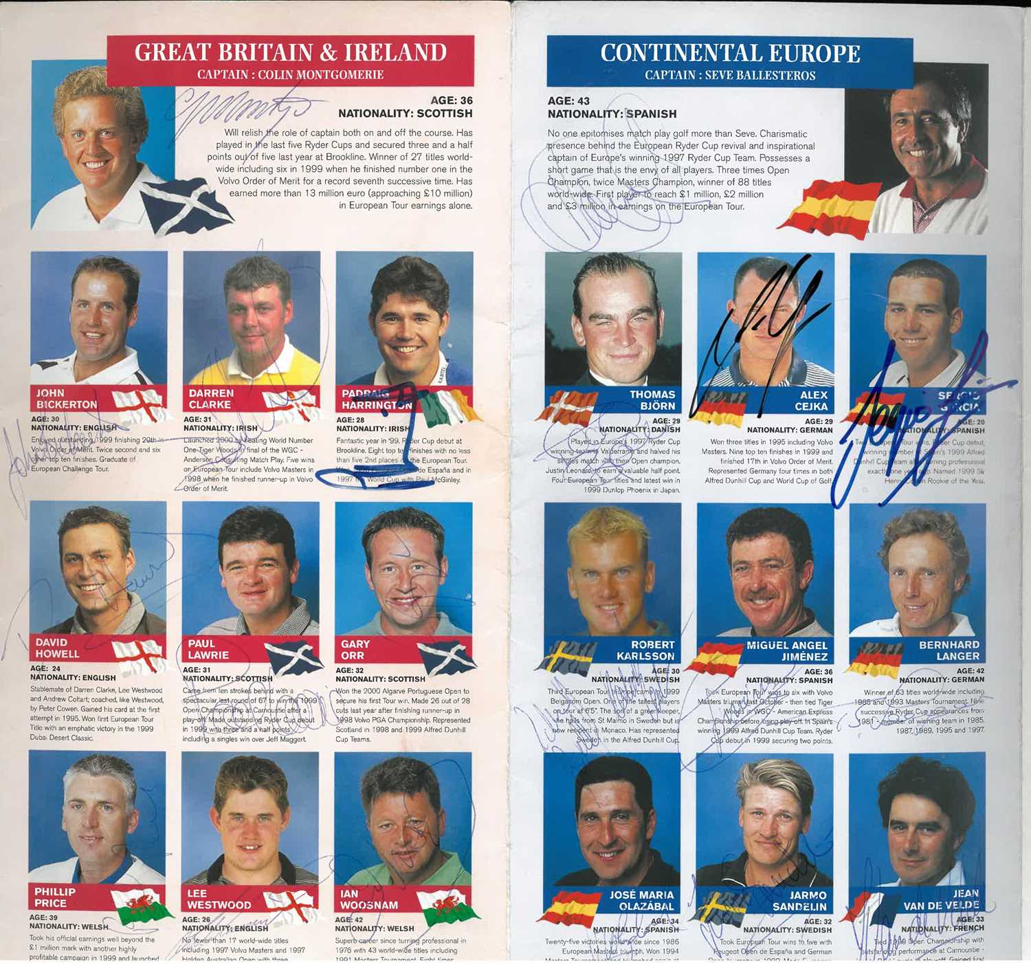 Lot 295 - Golf memorabilia: a signed Seve Ballesteros Trophy 2000 drawsheet