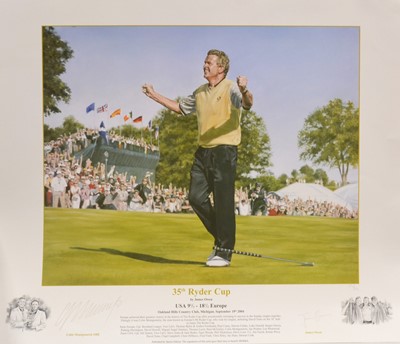 Lot 46 - Golf memorabilia: signed colour print '35th Ryder Cup', and various signed photographs