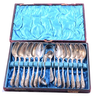 Lot 384 - Set of twelve Scottish silver teaspoons, matching tongs and pair of condiment spoons