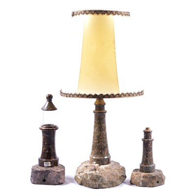 Lot 36 - Cornish serpentine lighthouse table lamp and two serpentine lamp bases