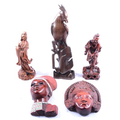 Lot 93 - Chinese carved hardwood figure, Bali masks, etc.