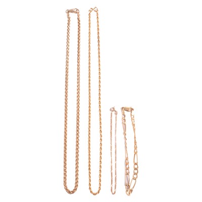 Lot 243 - Four chain necklaces and bracelets in 9 carat yellow gold.