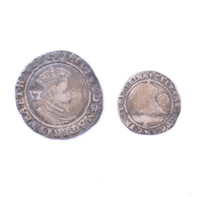 Lot 241C - James I silver sixpence, probably 1605, and Elizabeth I silver penny, 1581