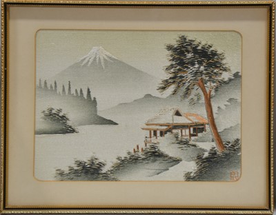 Lot 241 - Japanese silk embroidery of Mount Fuji, another of a peacock., small embroidery of flowers and framed prints