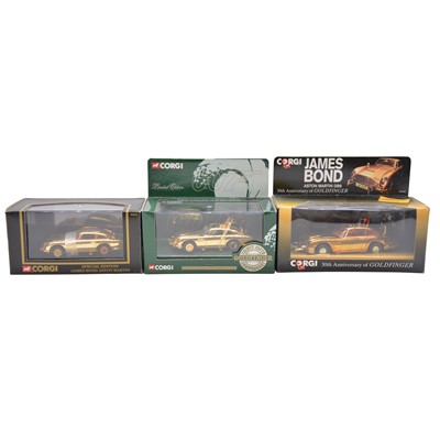 Lot 142 - Three Corgi 007 James Bond gold plated die-cast Aston Martins, boxed