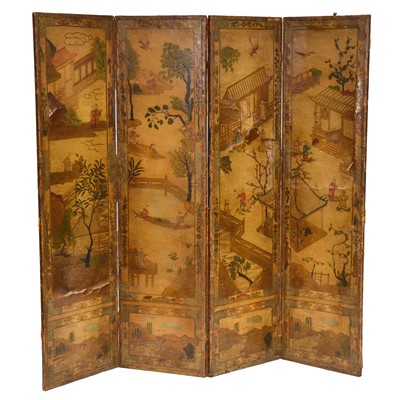 Lot 500 - Embossed and painted leather screen, Chinoiserie decorations