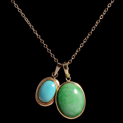 Lot 287 - A jade pendant, a turquoise pendant, and a gold chain.