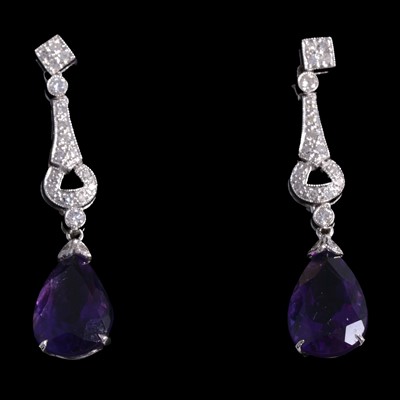 Lot 220 - A pair of amethyst and diamond drop earrings.