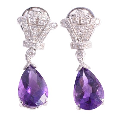 Lot 221 - A pair of amethyst and diamond drop earrings.