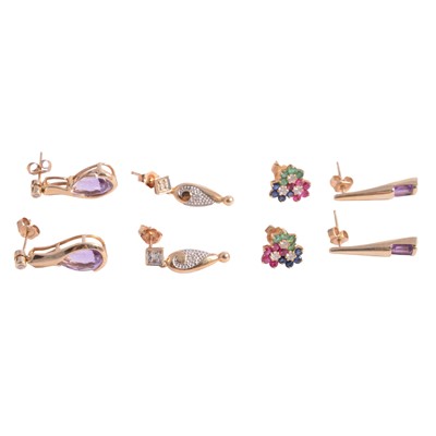 Lot 225 - Four pairs of earrings for pierced ears, diamond, amethyst, and others.