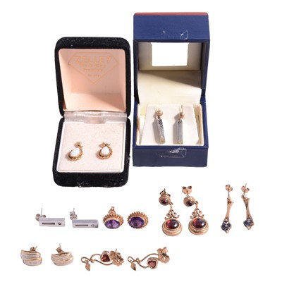 Lot 228 - Eight pairs of gemset earrings, diamond, opal, sapphire, amethyst and garnet.