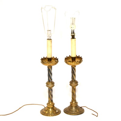 Lot 288 - Pair of Ecclesiastical brass candlesticks, converted to lamps and two other lamps