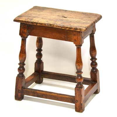 Lot 357 - Pine joint stool and an oak stool with leather seat