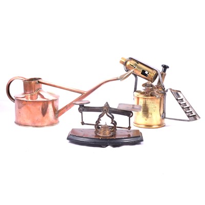 Lot 235 - Copper jardiniere, copper and brass watering can, scales, blow torch and other brasswares.