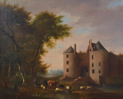 Lot 335 - Attributed Petrus Jonannes van Regemorter, Farm animals by a chateau