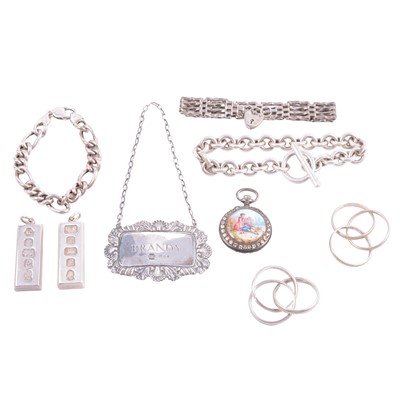 Lot 421 - Silver and white metal jewellery, fob watch and Brandy label.