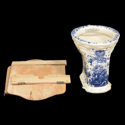 Lot 508 - Blue and white transferred toilet basin, with wooden seat cover