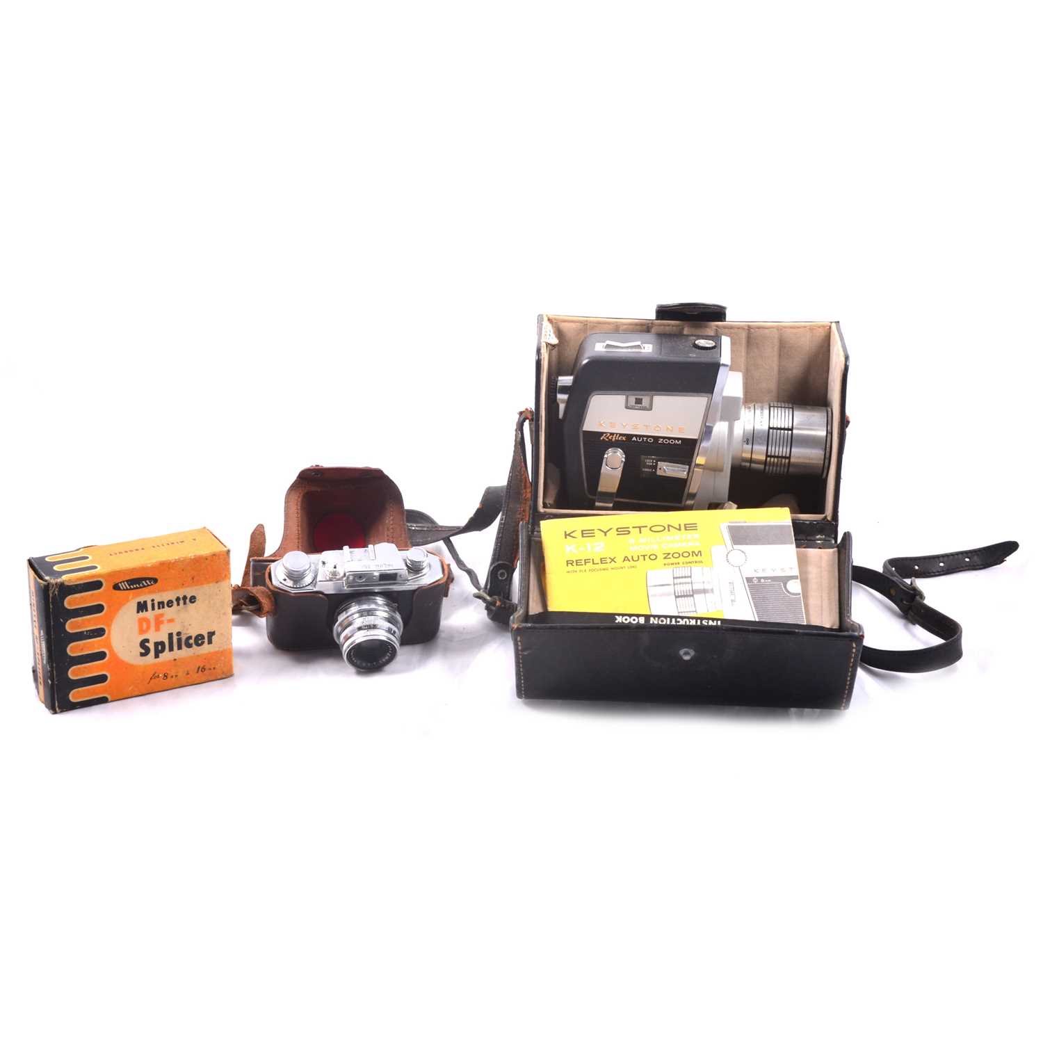 Lot 130 - Keystone K-12 cine camera, 35mm cameras, tape recorder and splicer.