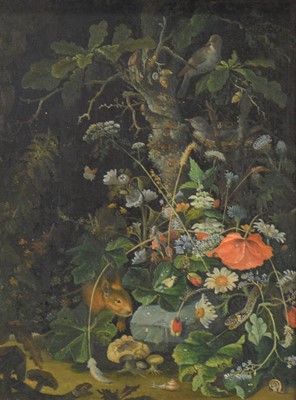 Lot 230 - Contemporary oil painting, Squirrel amongst flowers and foliage