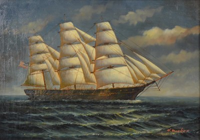 Lot 231 - H Parker, Contemporary oil painting of a three masted schooner