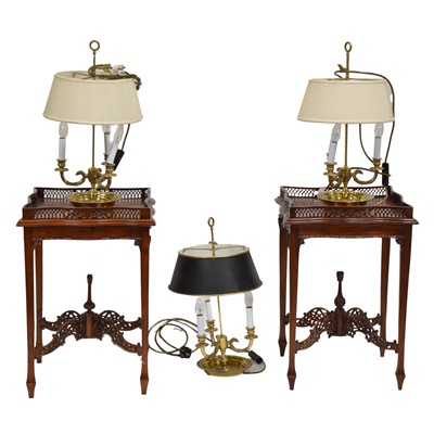 Lot 434 - Pair of mahogany side tables, and a set of three brass table lamps