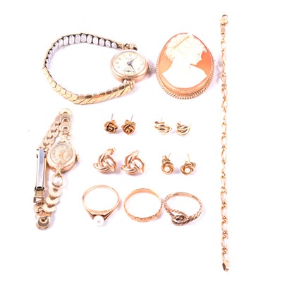 Lot 151 - A collection of gold and yellow metal jewellery, cameo brooch, watches, rings, bracelet, earrings.