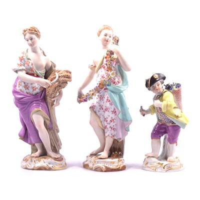 Lot 149 - Three Meissen figures, Grape Picker Boy, two allegorical figures of The Seasons.