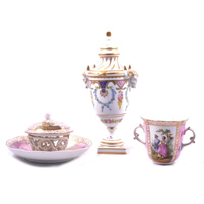 Lot 156 - Dresden chocolate cup, cover, and saucers, and Continental urn-shape covered vase.