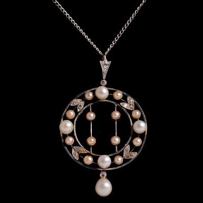 Lot 271 - Two Edwardian pendants, cultured pearl and diamond, garnet-topped doublet and seed pearl.