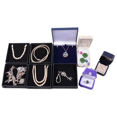 Lot 326 - Cultured pearl necklaces, silver charm bracelet, pendant, ring and keyring.