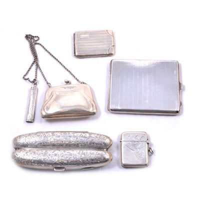 Lot 411 - Victorian twin cigar case, A & J Zimmerman Ltd, Birmingham 1898, and other small silver items.